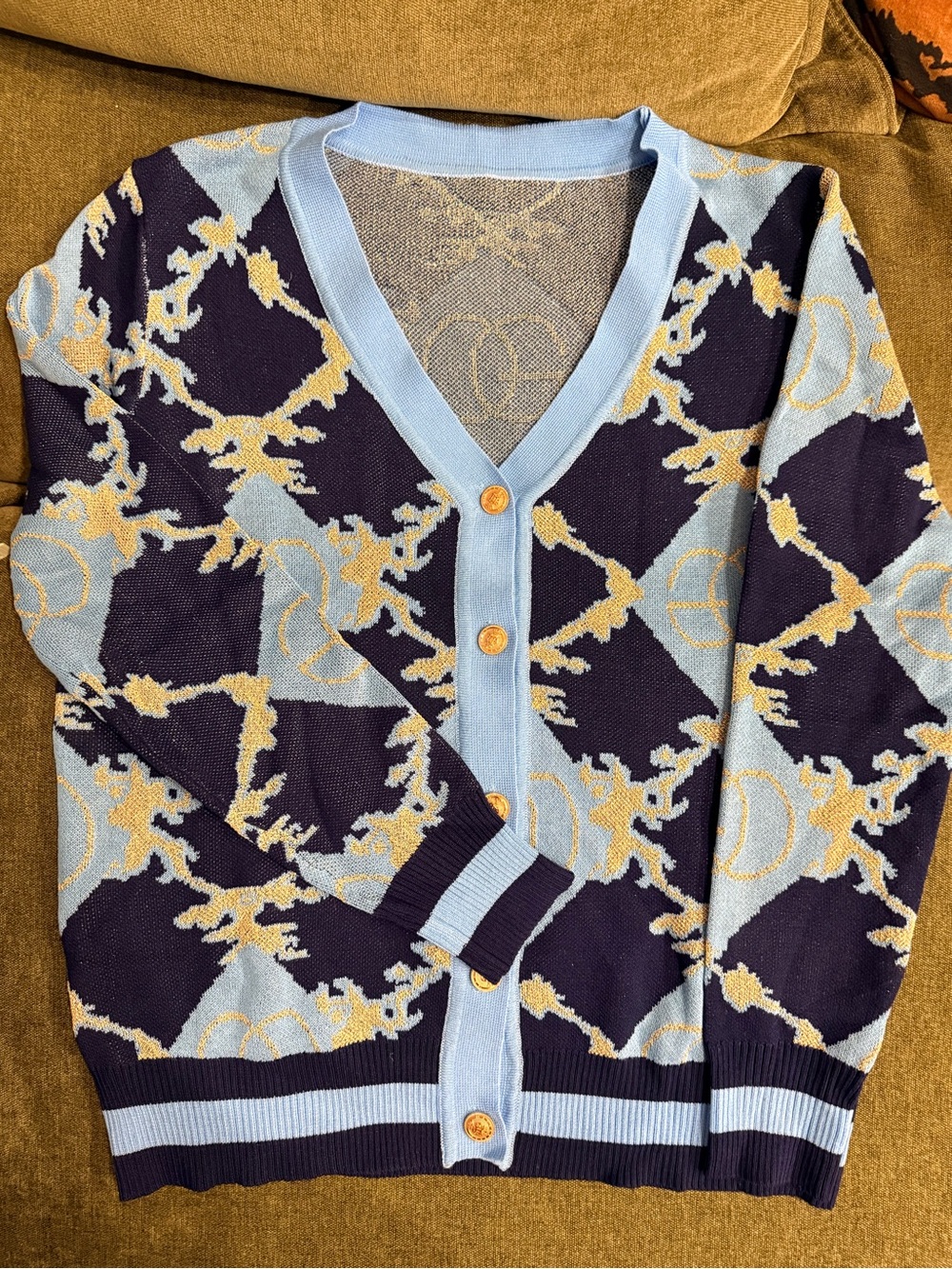 Designer Inspired Light Blue & Navy Patterned V‑Neck Cardigan Sweater